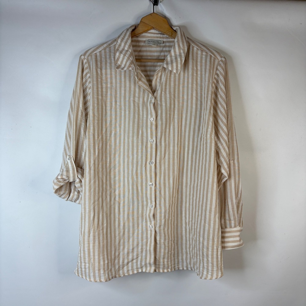 Blousology Button Down Shirt Womens 2X Tan White Striped Roll Tab Sleeve